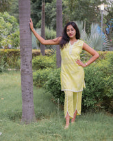 PASTEL YELLOW COTTON CHIKANKARI KURTA SET