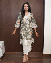 EMBROIDERED COTTON BOOTI KURTA SET WITH ORGANANZA DETAILING