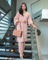 RUST PINK COTTON LEE EMBROIDERED KURTA SET
