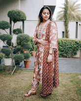 FLORAL BROWN VISCOSE SILK COTTON MUSLIN KURTA SET WITH DUPATTA
