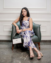 INDIGO PALM PRINT CO-ORD SET WITH RUFFLE SLEEVES