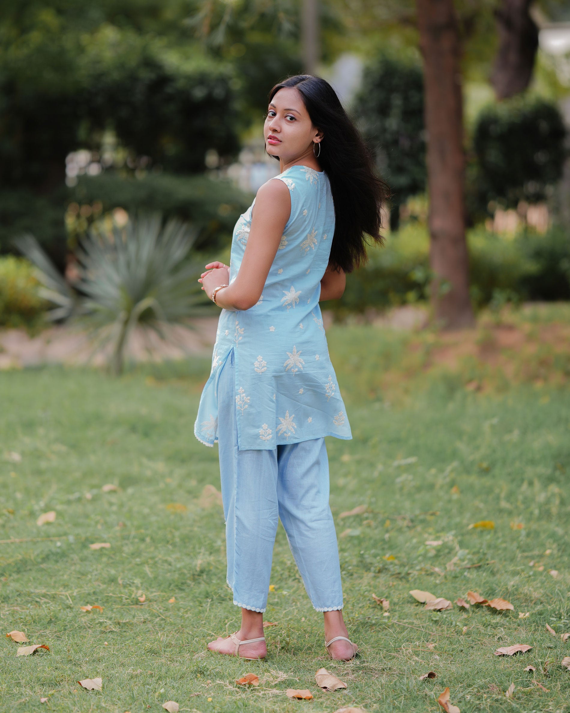 PASTEL BLUE COTTON EMBROIDERED KURTA SET