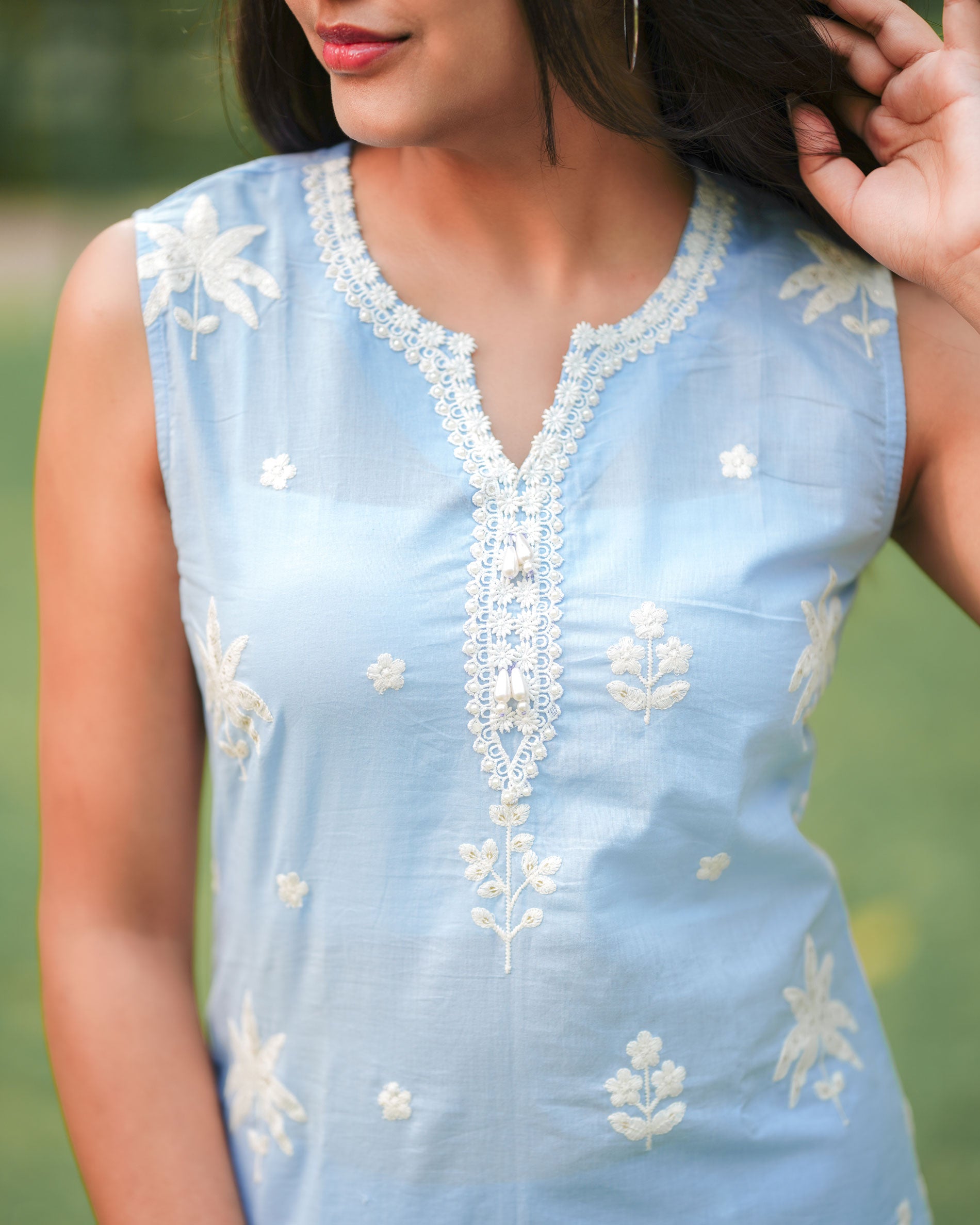 PASTEL BLUE COTTON EMBROIDERED KURTA SET