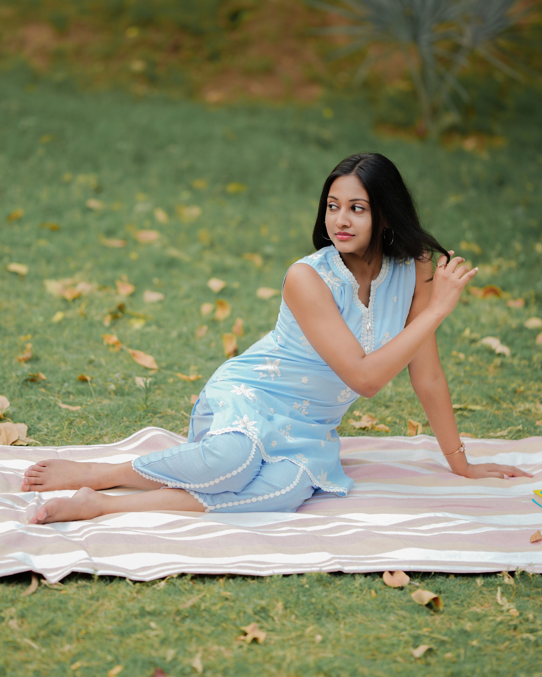 PASTEL BLUE COTTON EMBROIDERED KURTA SET