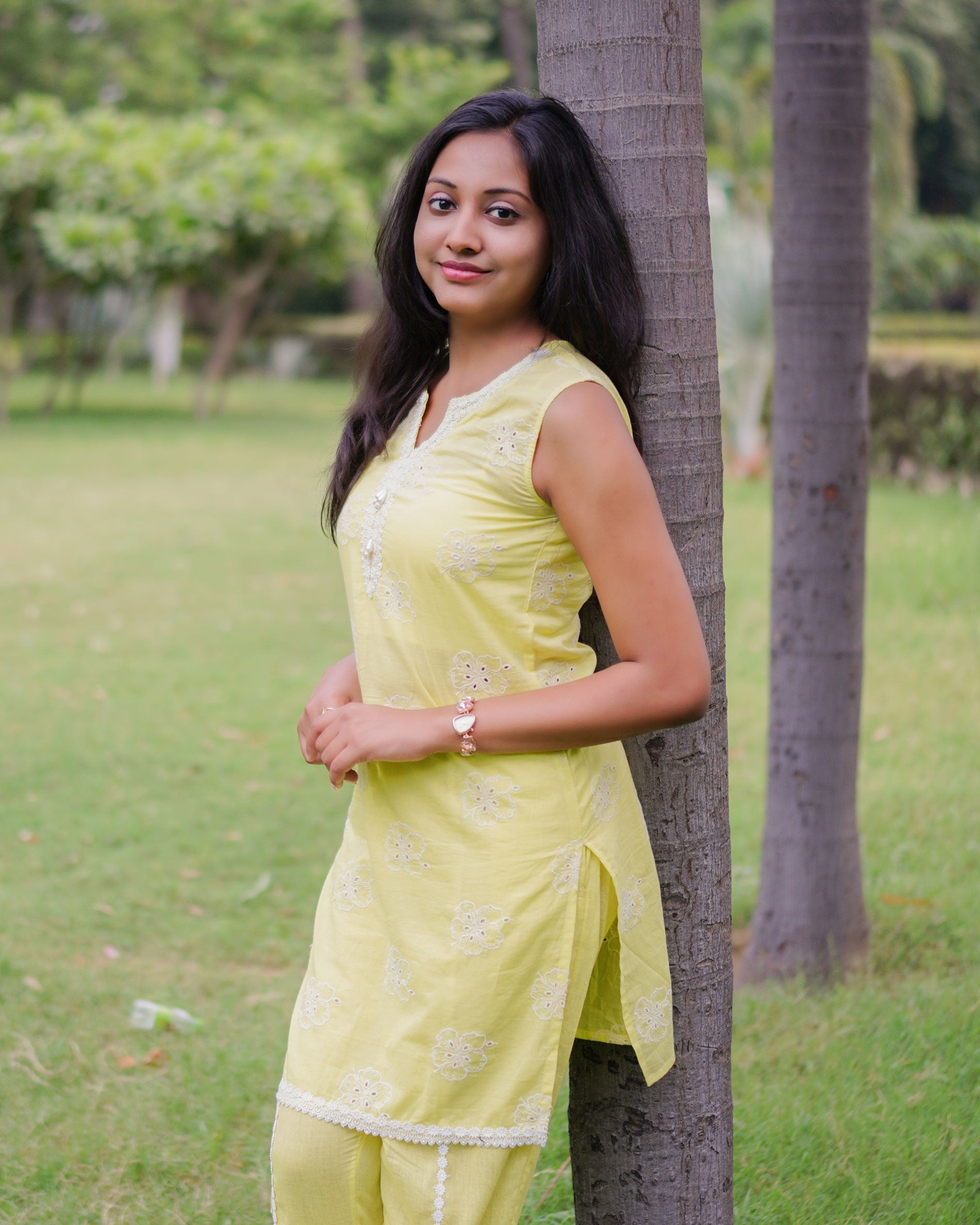 PASTEL YELLOW COTTON CHIKANKARI KURTA SET
