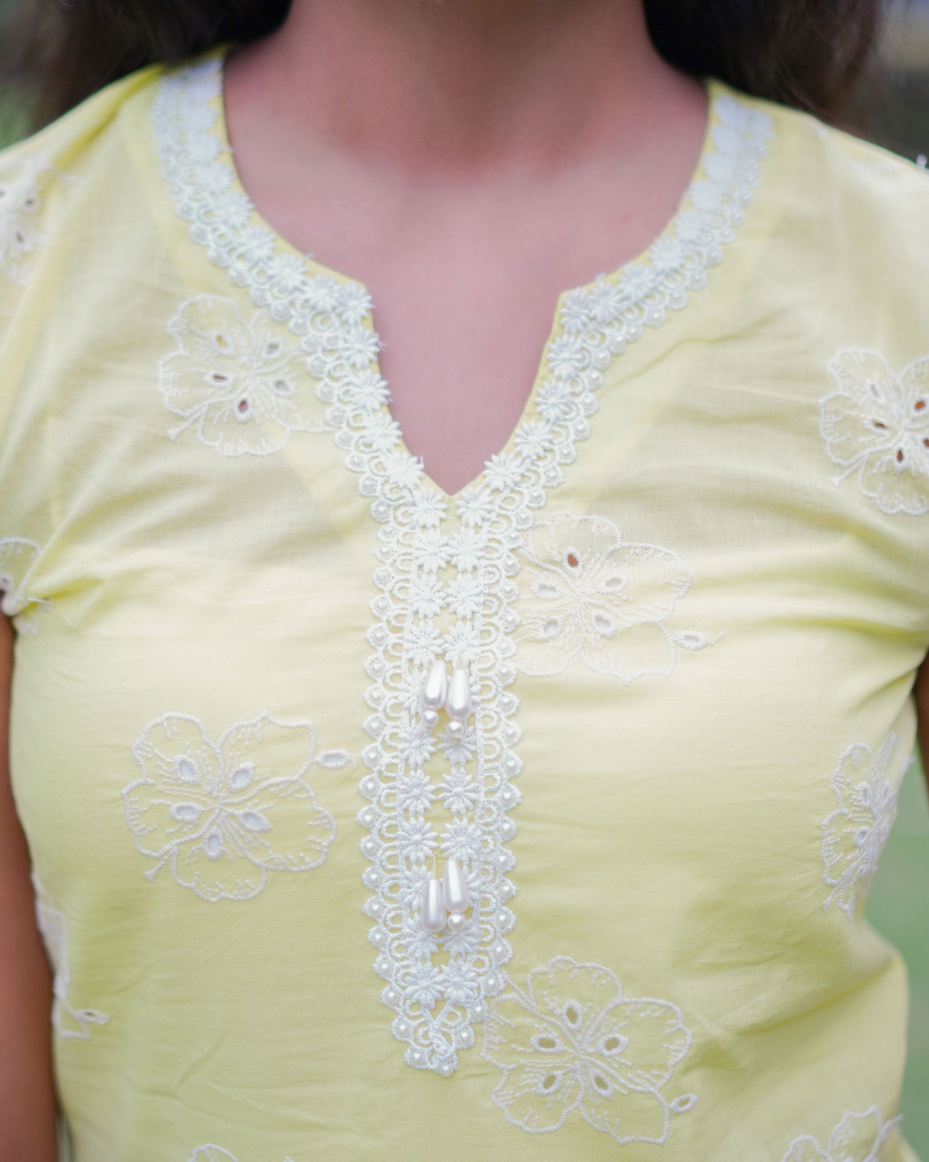 PASTEL YELLOW COTTON CHIKANKARI KURTA SET