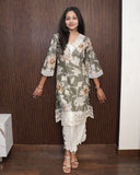 EMBROIDERED COTTON BOOTI KURTA SET  WITH ORGANANZA DETAILING