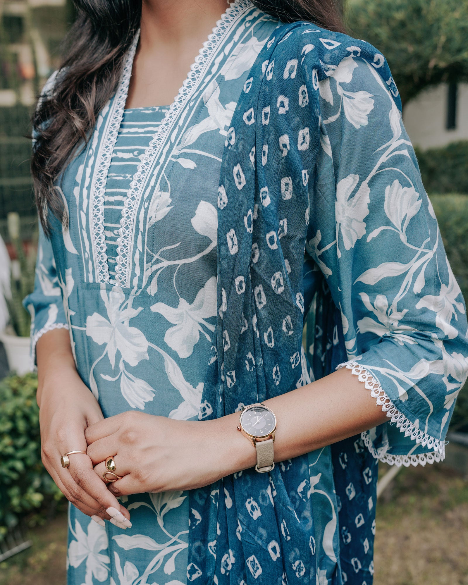 FLORAL BLUE VISCOSE SILK COTTON MUSLIN KURTA SET WITH DUPATTA