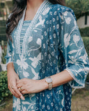 FLORAL BLUE VISCOSE SILK COTTON MUSLIN KURTA SET WITH DUPATTA