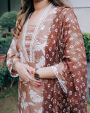 FLORAL BROWN VISCOSE SILK COTTON MUSLIN KURTA SET WITH DUPATTA
